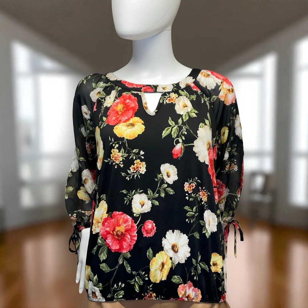 Perseption Concept Women's Size S Black Floral Cold Shoulder Polyester Top NWT!